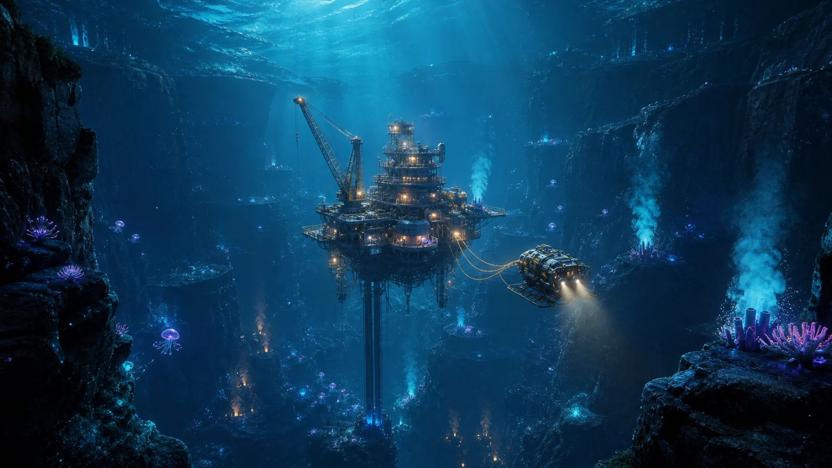 Fathom: Deep Sea Tycoon — a deep-sea rig exploring an illuminated ocean trench