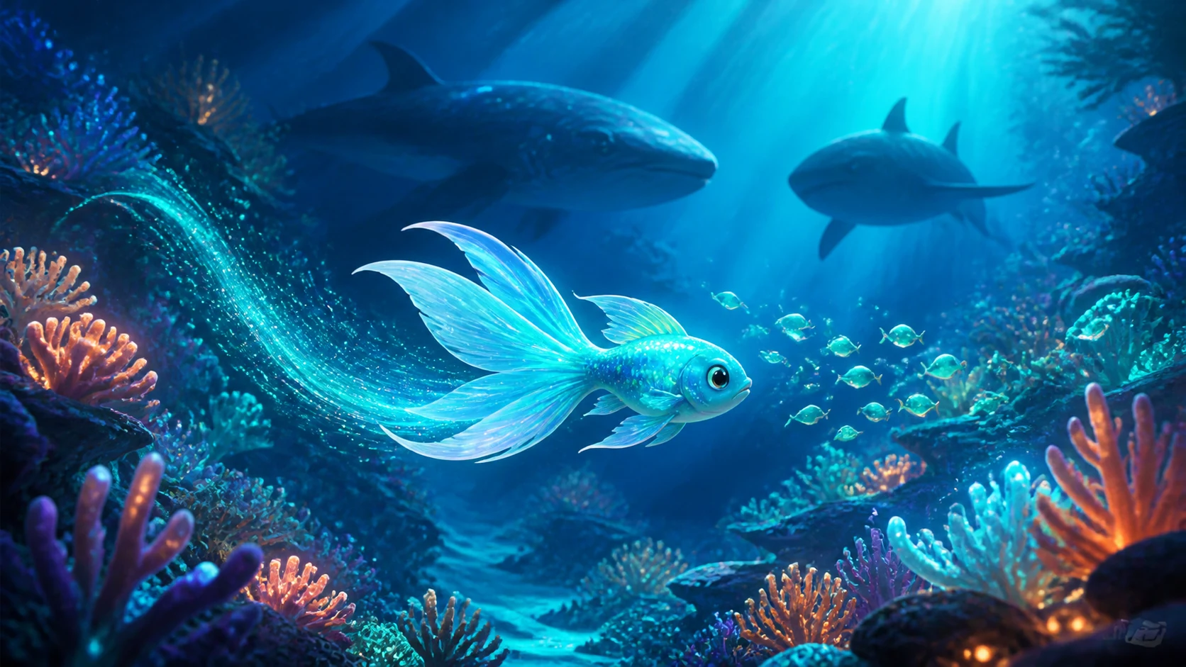 Glimmerfin — a luminous fish racing through a living reef beneath larger predators