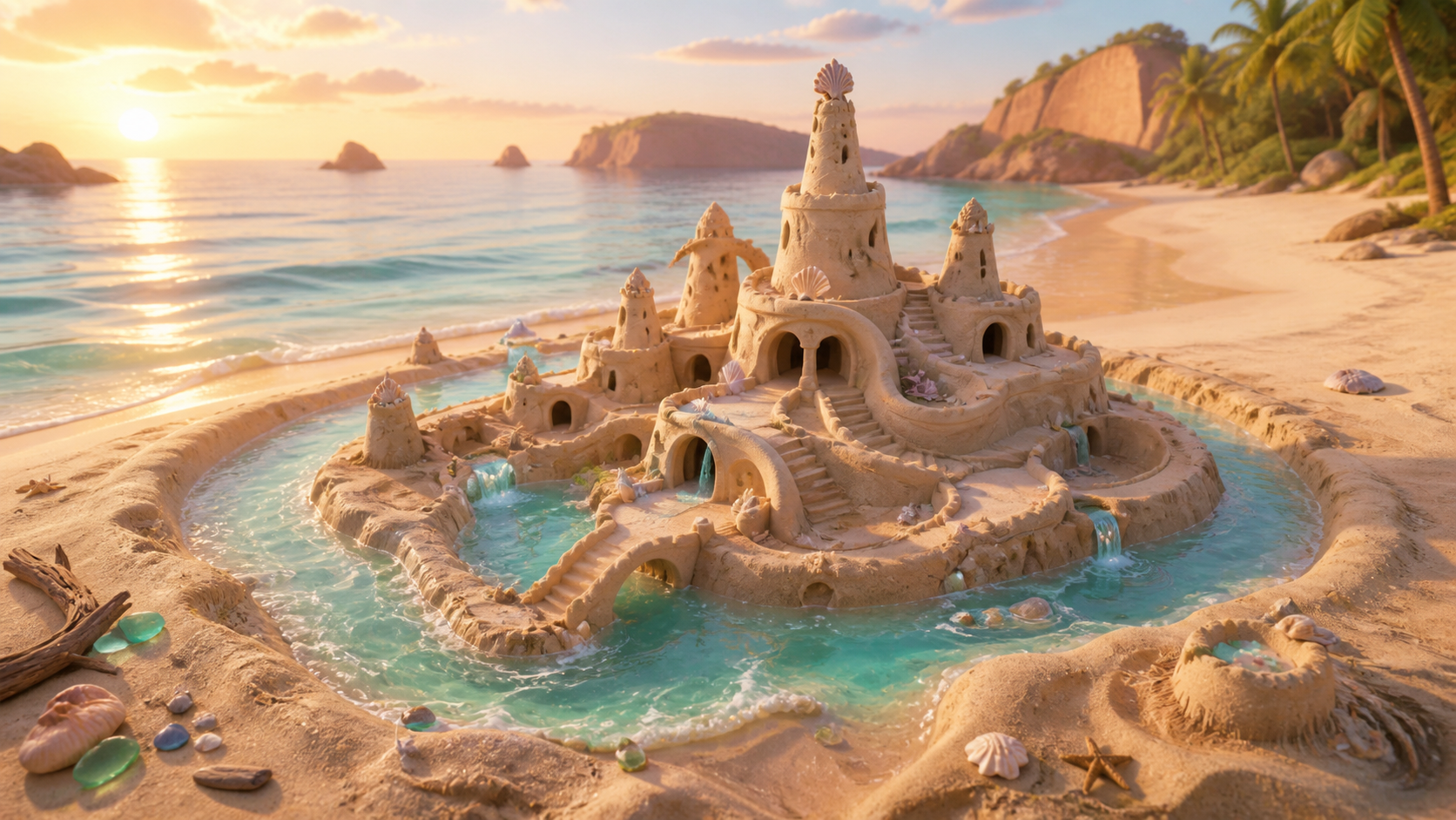 Shoreloom — an original sand citadel beside a luminous turquoise tide